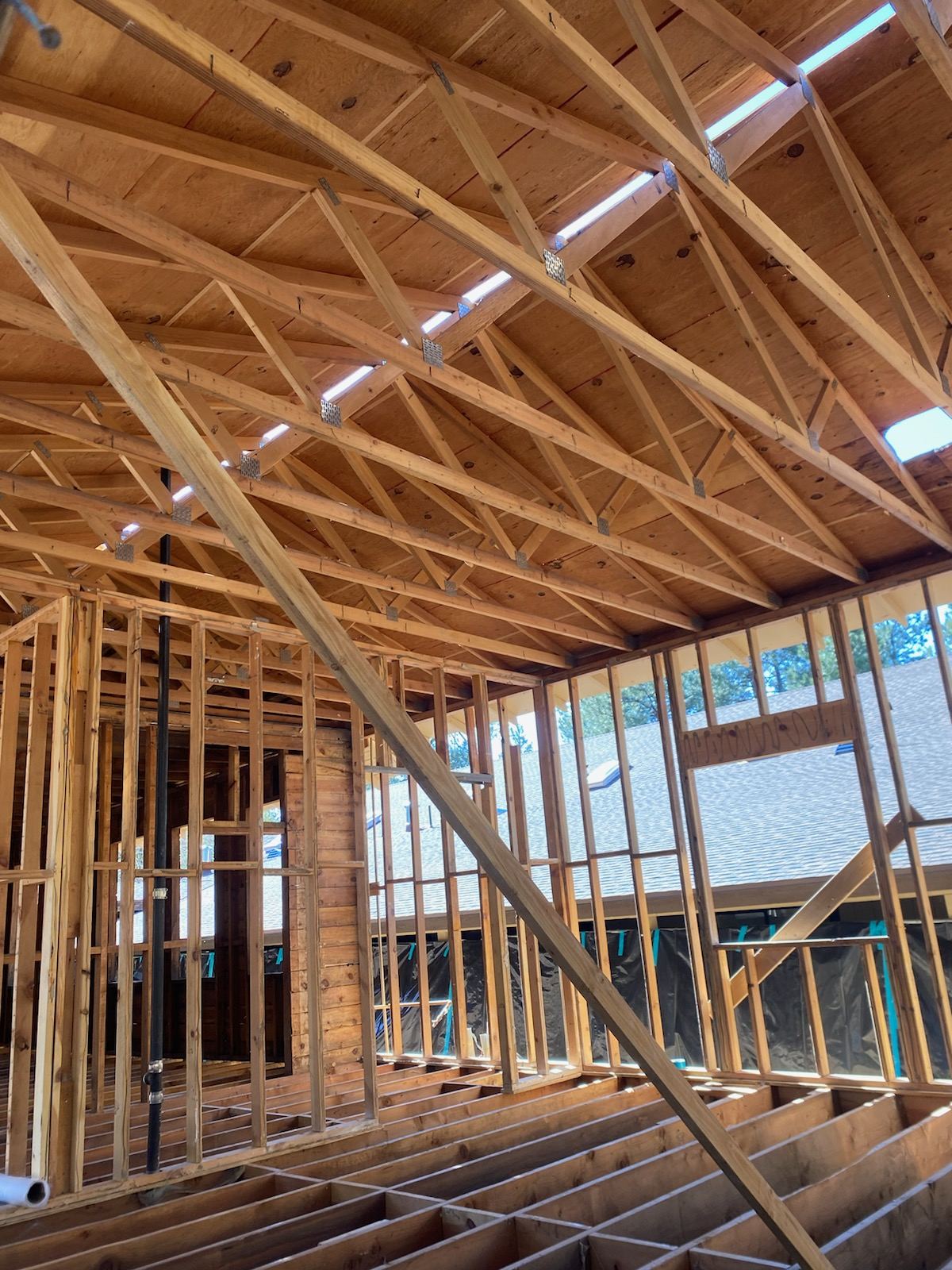 Old Maine Elementary interior: new roof trusses over framed walls and floor joists